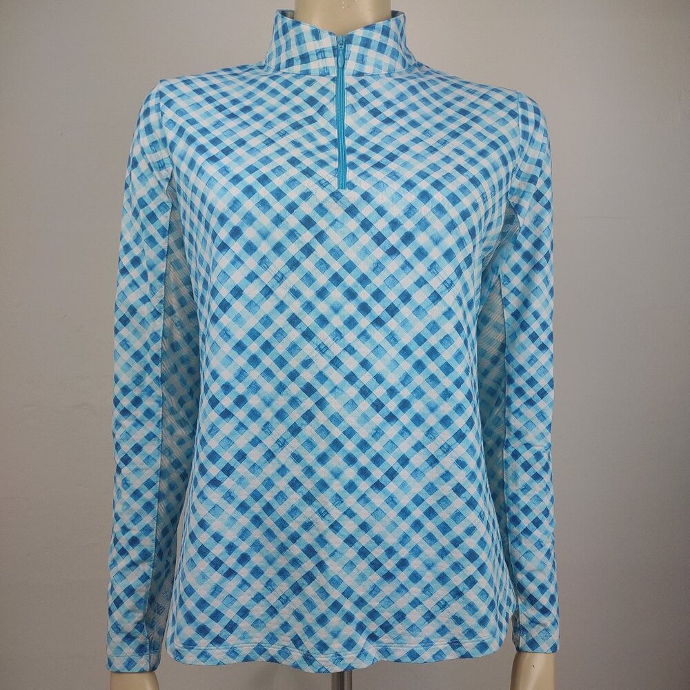 IBKUL blue white plaid check 1/4 zip mesh sleeve athletic top shirt women Medium